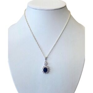 Blue Sapphire Pendant Necklace Sterling Silver 925 Diamond Cut Chain Italy CZ